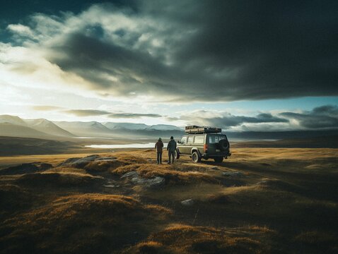 Two People Standing In The Grass Looking At The Sky Next To A Vehicle