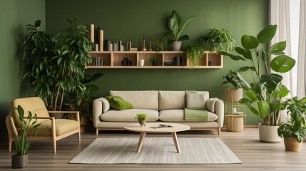 beautiful green room with lush furniture and book rack  generated by AI