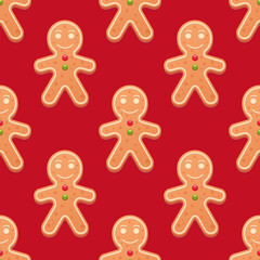 Cute Cartoon Christmas Gingerbread Cookies on red background Seamless Pattern vector illustration