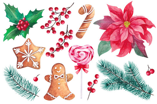 Christmas holidays, flowers poincetia, berries, spruce branches. New year watercolor childish cute hand-drawn. Patern seamless set.