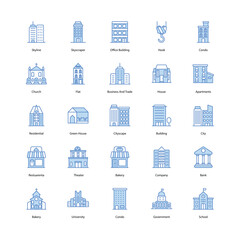 Building icons set, city building, Bank, Hotel, Courthouse. Buildings line icons. City, Real estate, Architecture buildings icons. Hospital, town house, museum. Urban architecture, city skyscraper, do