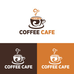 Coffee shop logo template, natural abstract coffee cup with steam, coffee house emblem, creative cafe logotype, modern trendy symbol design vector illustration isolated on white background sign.