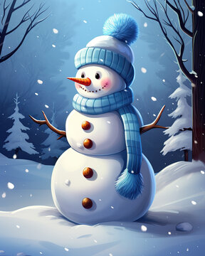 happy snowman in winter with blue scarf and hat, artwork