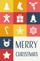 Colourful Christmas greeting card with icons. Minimalist design. Vector illustration