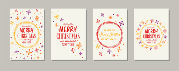 Christmas greeting cards with snowflakes. Collection of a hand drawn cards. Vector illustration