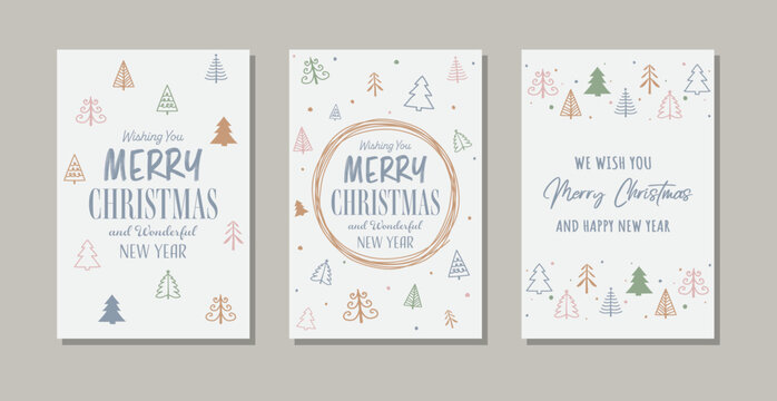 Hand drawn Christmas greeting card set with trees. Vector illustration