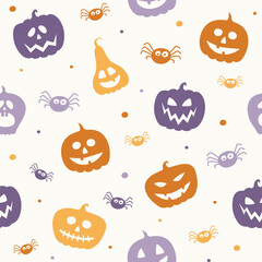 Halloween pattern with creepy pumpkins and spiders. Seamless texture. Vector