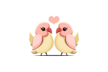 Cartoon cute bird couple with heart on isolated background, Vector illustration.