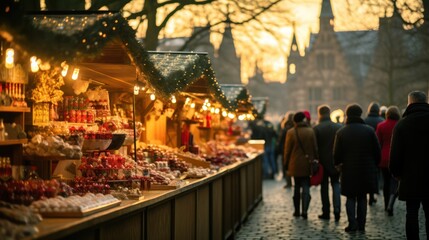 Christmas market outdoor stands, Winter season holiday celebration	