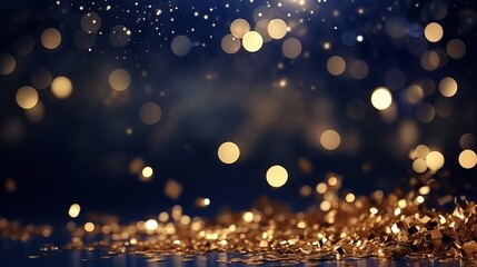 Blue background with golden sparkling particles and bokeh lights, holiday concept. background with gold foil texture. - obrazy, fototapety, plakaty