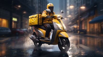 Delivery service from cafes and restaurants, courier on a scooter with a yellow backpack traveling through the puddles. The courier delivers food on a motorcycle. Fast food delivery to customers.