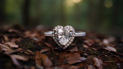 a heart-shaped engagement ring, with a serene park setting as the background context, during a romantic proposal