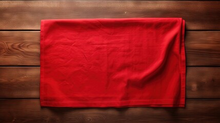 Red towel over wooden kitchen table. View from above with copy space.