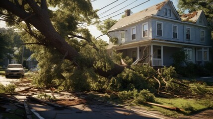 Dangerous fallen tree branch in residential neighborhood. Causes can include a storm, hot dry environment, or that the branch extends further than the trunk can support and should have been trimmed - obrazy, fototapety, plakaty