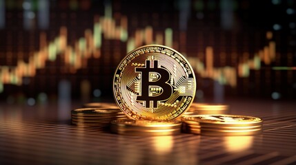 Bitcoin gold coin and defocused chart background. Virtual cryptocurrency concept.