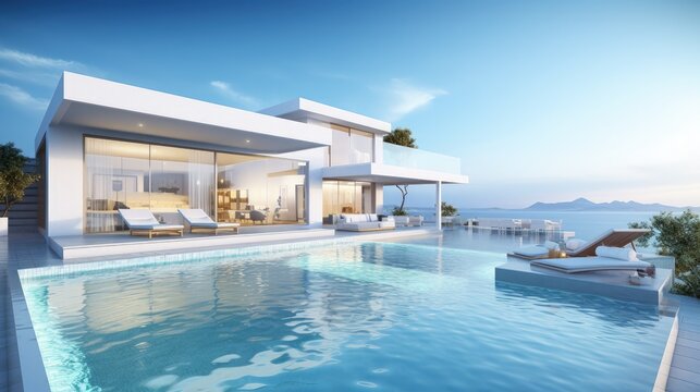 Modern house with a swimming pool, sea view- 3D rendering
