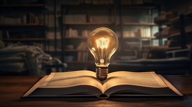 Opened book and light bulb with hears on pages