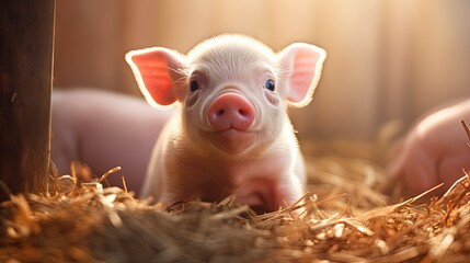 A small piglet in the farm. group of mammal waiting feed. swine in the stall. Popular animals raised around the world for meat consumption and business trading. (Sus scrofa domesticus)