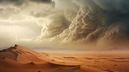 Fototapeta na wymiar An image showing a severe sandstorm of high altitude with cumulonimbus rain clouds forming near towering mountains heading towards a sandy desert.