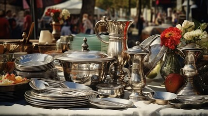 Fototapeta premium Silverware and dishes on a afternoon Parisian flea market