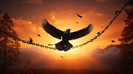 International human rights day concept: Silhouette of bird flying and broken chains at autumn mountain sunset background