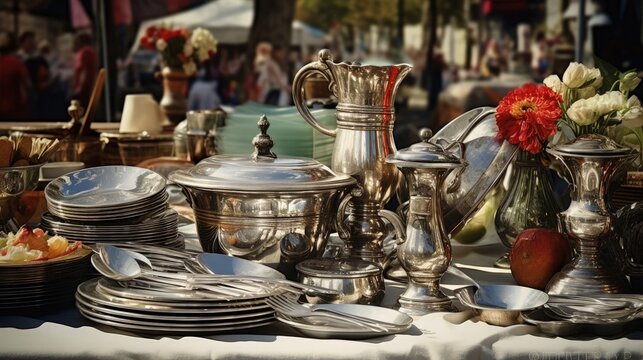 Silverware and dishes on a afternoon Parisian flea market
