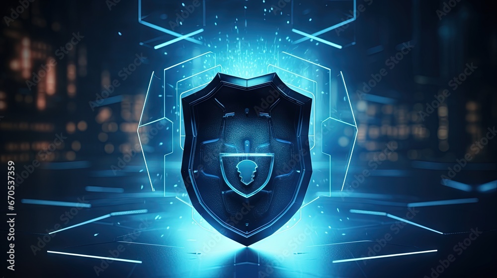 Aufkleber Internet technology cyber security concept of protect computer virus attack with shield Keyhole icon on Blue abstract background.