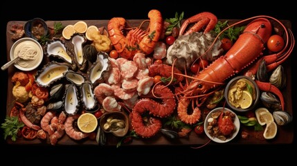 Seafood charcuterie board with shrimp, oysters, fish and octopus