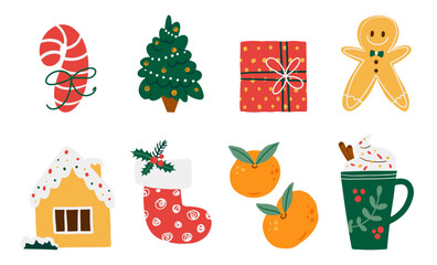 Merry Christmas elements set in cartoon style. Cute Christmas tree, house, gifts, food, decor. Xmas and New Year decoration. Flat vector illustration
