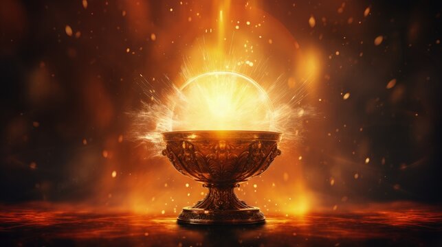 Golden monstrance on a fiery bokeh background.