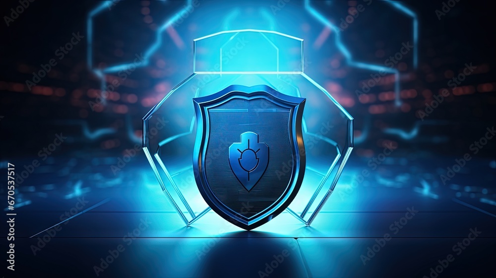 Aufkleber Internet technology cyber security concept of protect computer virus attack with shield Keyhole icon on Blue abstract background.