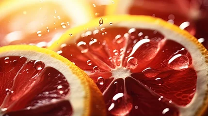 Tuinposter Closeup of shiny water drops on a glass mixed with lemon dipping in red juice with soda for cold drink booster after work out or sun exposure outdoor. Food and drink preparing concept © HN Works