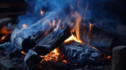close-up of wood burning in a stove made of brick and gray ash. blue smoke coming out of the wood that is used as natural fuel for cooking food. cooking on a Colombian peasant farm. - obrazy, fototapety, plakaty