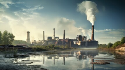 Industrial paper mill factory plant with chimney smokestacks stacks emitting carbon dioxide emission pollution in Georgetown, South Carolina town - obrazy, fototapety, plakaty
