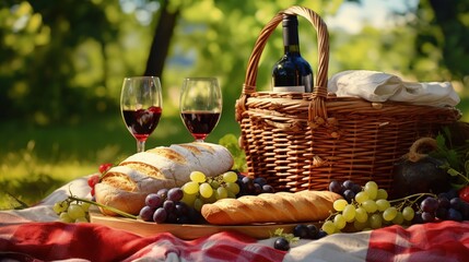 Picnic basket with bottle of wine, fruit and bread on tablecloth. Close up of food and drinks during picnic in a summer day. Red wine with picnic basket and healthy food on white blanket.