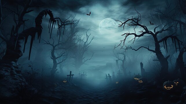 Happy Halloween holiday background with copy space. Dark landscape with creepy trees and moon. Fairytalle forest with fog. Ominous sky on Halloween night.