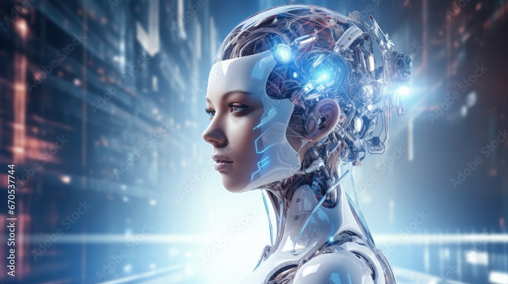 Aufkleber Digital metaverse smart world technology concept, 3D humanoid robot in abstract futuristic cyber space, AI artificial intelligence robot for future life.