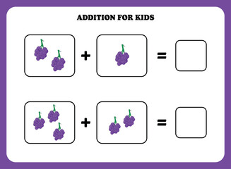 Addition page for kids. Educational math game for children with grape. Printable worksheet design. Learning mathematic.