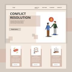 Conflict resolution flat landing page website template. Feedback, project management, leadership. Web banner with header, content and footer. Vector illustration.