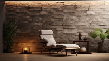 Interior with dresser, lounge chair, stone wall panel, lamps, backlight, plants and decor. 3d render illustration mockup.