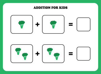 Addition page for kids. Educational math game for children with broccoli. Printable worksheet design. Learning mathematic.