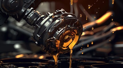 Pouring oil lubricant motor car from black bottle on engine background oil change auto shop - obrazy, fototapety, plakaty