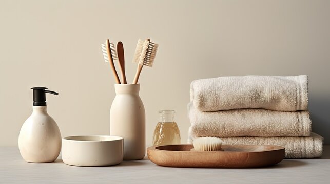 accessories for bath bowl, soap dispenser, brushes, tooth brush, towel and organic dry shampoo for personal hygiene. Zero waste, plastic free, sustainable decor for bathroom interior © HN Works