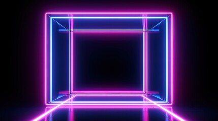 3d render, abstract background, square portal, glowing lines, tunnel, neon lights, virtual reality, arch, pink blue spectrum vibrant colors, laser show, isolated on black