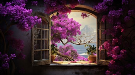 Purple blooming bouganville near a traditional window