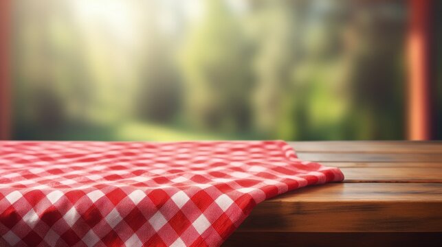 Red checkered folded picnic cloth on wooden table empty space background.Towel over the plank blurred kitchen background.