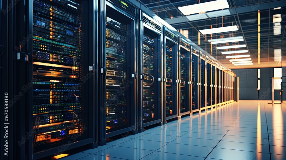 Aufkleber Shot of a Working Data Center With Rows of Rack Servers.
