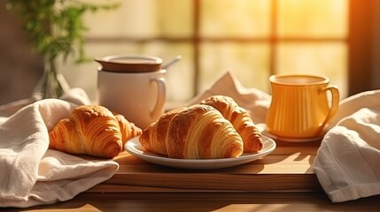 dish towel, fresh croissant and ceramic cups of tea on bamboo tray on wooden tabletop with sun...