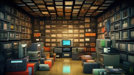 Various storages for music. The concept of the evolution of retro data warehouses. - obrazy, fototapety, plakaty