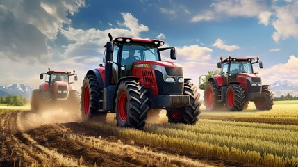 Agricultural tractors working cultivating preparing planting area, machinery, buoys, saving labor costs in the agricultural industry, agricultural tools, modern farming, smart farms, logistics technol - obrazy, fototapety, plakaty
